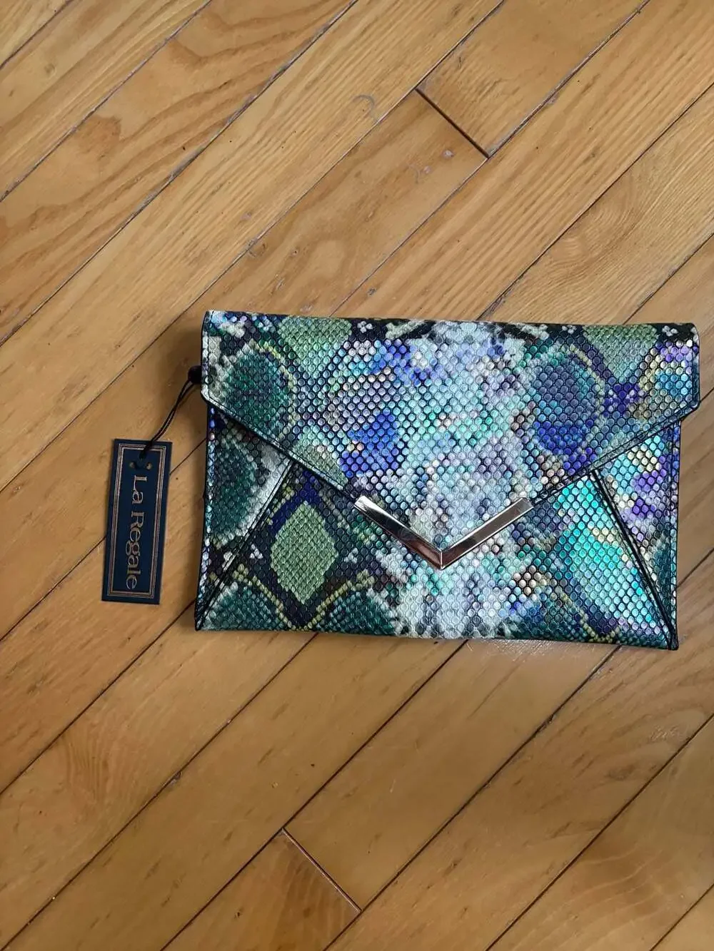 La Regale Iridescent Snakeskin Faux Leather Envelope Clutch
